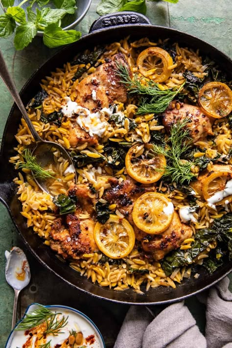 One Skillet Lemon Butter Dijon Chicken and Orzo with Feta Sauce: the perfect all-in-one winter dinner…quick, easy, colorful, and delicious! Lemon Butter Dijon Chicken And Orzo, Orzo Chicken One Pot, Thirty Minute Meals Dinners, Half Baked Harvest One Skillet, Lemon Butter Dijon Chicken, Halfbakedharvest Recipes, Half Baked Harvest Chicken, March Meals, Mediterranean Dinner Recipes