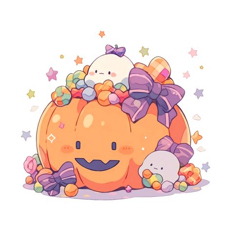 Cute Kawaii Halloween Pumpkin with Ghosts and Candy Pastel Sticker Halloween Illustrations Cute, Spooky Pumpkin Decorating Ideas, Halloween Kawaii Art, Halloween Anime Drawing, Kawaii Halloween Drawings, Kawaii Halloween Pfp, Kawaii Halloween Decor, Halloween Candy Aesthetic, Halloween Candy Drawing