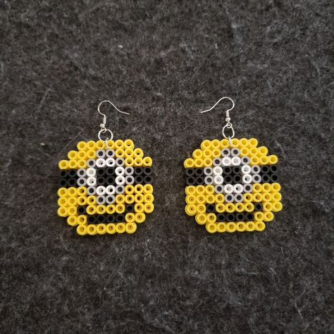 Handmade Perler Minions Bah Bah Earrings Perler Beads Cartoons, Perler Earrings Diy, Simple Perler Beads, Perler Bead Patterns Hello Kitty, Small Perler Bead Patterns Minis, Fall Perler Bead Patterns, Fuse Bead Patterns Small, Food Perler Beads, Minion Earrings