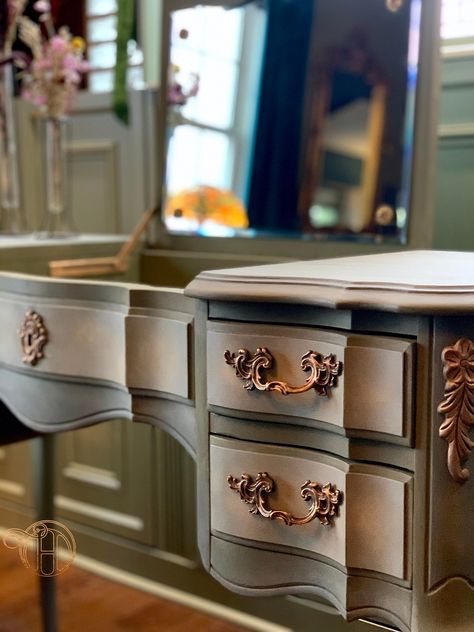 French Provincial Vanity Makeover, French Provincial Desk Makeover, Vintage French Provincial Furniture, Refinished Vanity, French Provincial Vanity, Antique French Desk, French Provincial Decor, French Vanity, Chalk Paint Furniture Diy