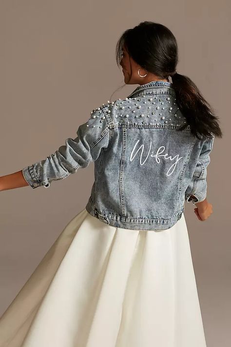 Wifey Pearl and Crystal Studded Denim Jacket | David's Bridal Denim Jacket Style, Bride Jacket, Studded Denim Jacket, Bridal Boxes, Low Back Dresses, Denim Jacket Fashion, Rehearsal Dinner Dresses, Bridal Jacket, Wedding Jacket