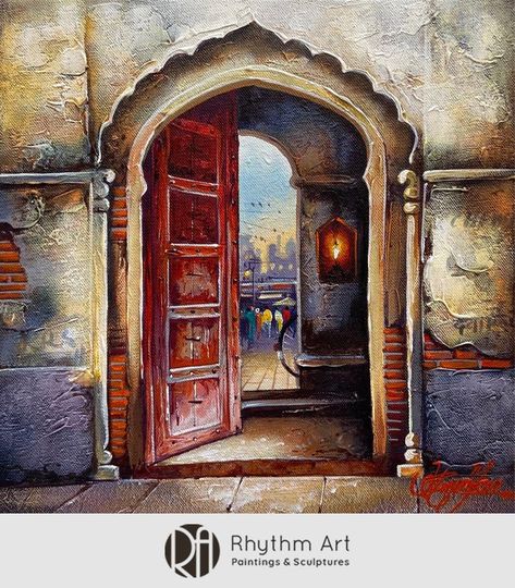 This traditional artwork admires the beauty of ancient scenes! The painting depicts the rural setting of the entrance and see-through exit to a home with great details of antic and rustic reality. The artwork is inspired by old things that are sure to remain antique forever. The artist has beautifully detailed the door and wall with the street on the other end to provide realism to the artwork that is sure to grab all the attention. Indian Door Painting, Rhythm Art, Abstract Art Tutorial, Indian Doors, Indian Market, Ancient Buildings, Traditional Artwork, Indian Inspired, Painted Doors