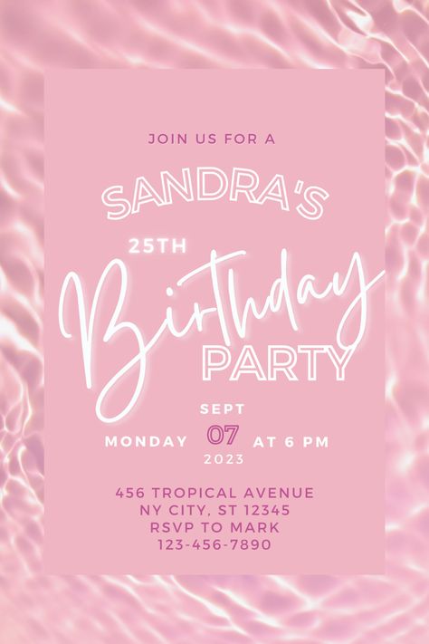 Pink Invitation Template Birthday, 35th Birthday Invitations, Canva Invitation Ideas, Pool Birthday Invitations, Pool Party Invite, Pool Party Invitation Template, Pink Hotel, 13 Birthday, Pool Birthday