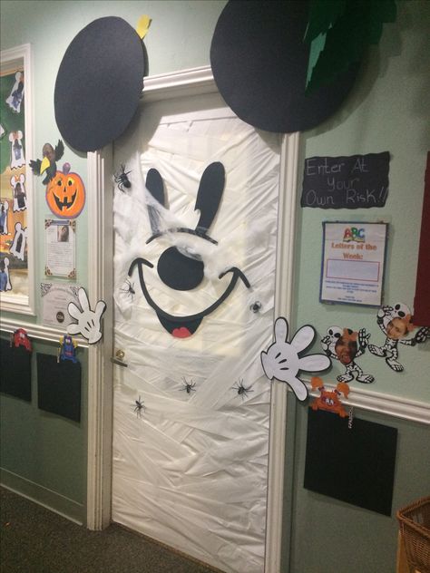 Mickey Halloween Door! Mickey Mouse Fall Classroom Door, Disney Halloween Classroom Decorations, Mickey Mouse Halloween Classroom Door, Halloween Mickey Decorations, Mickey Mouse Door Decorations, Mickey Mouse Halloween Door Decoration, Mickey Halloween Party Decorations, Disney Halloween Door Ideas, Diy Mickey Halloween Decorations