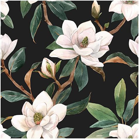 Peel And Stick Wallpaper Black, Magnolia Wallpaper, Floral Peel And Stick Wallpaper, Wallpaper Rose, Kids Room Decals, Bedroom Decorations, Neutral Wallpaper, White Magnolia, Room Decals