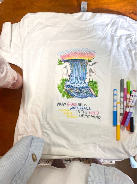 Fabric Marker Designs, Waterfall Drawing, Diy Waterfall, Diy Marker, Drawing Graphic, Diy T Shirt, Summer Stuff, Christian Quote, Fabric Markers