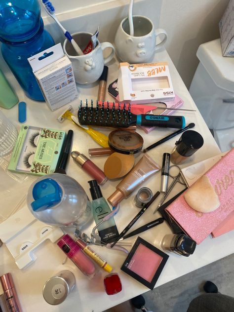 Makeup Bathroom Aesthetic, Makeup Lover Aesthetic, Doing Your Makeup Aesthetic, Makeup On Bathroom Counter, Makeup Messy Aesthetic, Makeup On Counter Aesthetic, Messy Bathroom Sink Aesthetic, Messy Makeup Desk Aesthetic, Skin Care With Friends