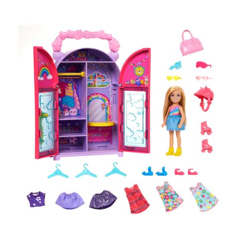 It's time to get ready with Chelsea doll! Open up this closet playset to reveal a dreamy wardrobe packed with 15 pieces of clothes and accessories. Mix and match outfits to create four complete looks! With fun pieces like dresses, a kitty bike helmet, heart-shaped sunglasses, bunny slippers, and a sleep mask -- kids can dress Chelsea doll from morning to night! Doll cannot stand alone. Colors and decorations may vary. Mix And Match Outfits, Barbie Chelsea Doll, Packing Wardrobe, Match Outfits, Barbie Doll Set, Chelsea Doll, Doll Closet, Bunny Slippers, Toy Playset