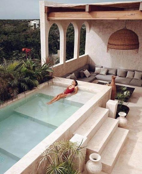 Sicily Garden, Earthly Aesthetic, Modern Mediterranean Backyard, Mediterranean Backyard, Tropical Hotel, Small Pool Design, Ground Pools, Small Pools, Diy Pool