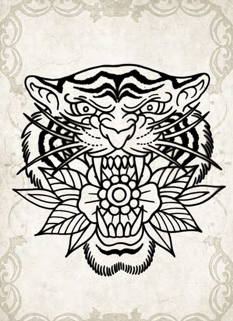 Traditional Old School Tattoo Flash, Big Traditional Tattoo, Traditional Big Cat Tattoo, American Traditional Big Cat Tattoo, Traditional Panther Head Tattoo, Traditional Leopard Head Tattoo, American Traditional Tattoos Tiger Head, Old School Tiger Head Tattoo, Traditional Tattoo Outline