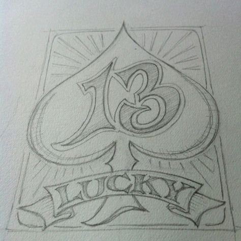 Lucky 13 hand lettered Oldies Drawings Cross, Lucky 13 Tattoo Design, Chicana Drawings Easy, Lucky 13 Art, Skull Pen Drawing, Chicano Flash Art, Chicano Style Art, Love Letter Drawings, Chicano Style Drawing