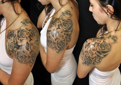 Shoulder roses tattoo in color | Citizen Ink | Flickr Women With Tattoos, Front Shoulder Tattoos, Girl Shoulder Tattoos, Cool Shoulder Tattoos, Girls With Sleeve Tattoos, Mens Shoulder Tattoo, Half Sleeve Tattoos For Guys, Best Tattoos For Women, Shoulder Tattoos