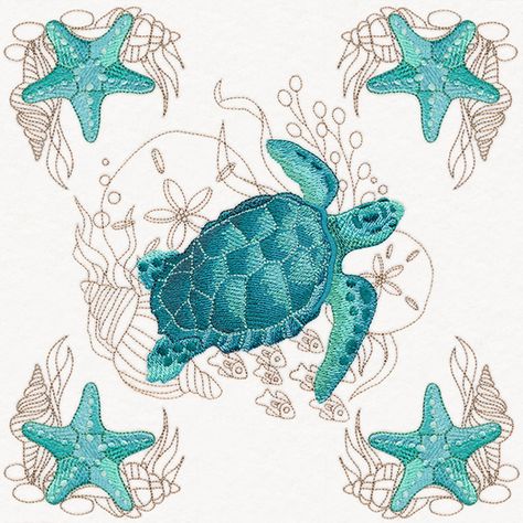 Sea Turtle & Starfish Pillow Pair Sea Stencil, Bunka Embroidery, Towel Sayings, Library Embroidery, Starfish Pillow, Turtle Quilt, Coastal Crafts, Basic Embroidery, Freestanding Lace Embroidery