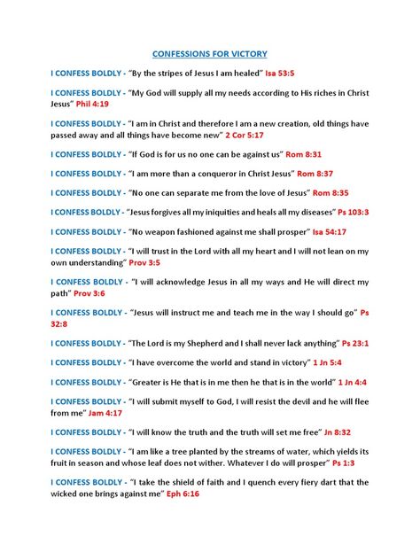 The document contains a series of bold confessions citing scripture verses about victory, healing, provision, identity in Christ, protection from evil, and being transformed by God's word. The confessions affirm that through Jesus, one has overcome the world, is more than a conqueror, and will prosper in all things by trusting in God. Identity In Christ Verses, More Than A Conqueror, Trusting In God, Protection From Evil, Overcome The World, Bible Encouragement, Document Sharing, Live Laugh Love, Scripture Verses