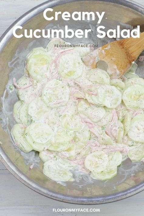 Creamy Cucumber Salad (with Mayo & Dill) - Flour On My Face Cucumber Salad With Mayo, Mom Snacks, Cucumber Snacks, Cucumber Salads, Summer Side Dishes Recipes, Creamy Cucumber Salad, Creamy Cucumbers, Easy Freezer Meals, Pot Recipes Easy