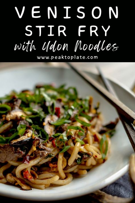 Spicy Venison Stir Fry with Udon Noodles | Peak to Plate Stir Fry With Udon Noodles, Venison Stir Fry, Ground Venison Recipes, Udon Noodles Recipe, Homemade Stir Fry, Bunny Chow, Venison Steak, Stir Fry Ingredients, Game Recipes