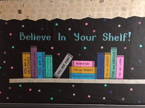 Classroom Bookshelf Bulletin Board, Believe In Your Shelf Bulletin Board, Read Return Repeat Bulletin Board, I Love To Read Month Bulletin Boards, The Books Missed You Bulletin Board, Reading Door Decorations, Spring Library Bulletin Board Ideas, School Library Decorating Ideas, Read Bulletin Board