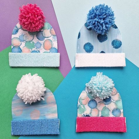 Christmas Projects To Make, Winter Hat Craft, Hat Template, Christmas Hats, Pom Pom Maker, Festive Crafts, Bobble Hat, Winter Project, Bright Paintings