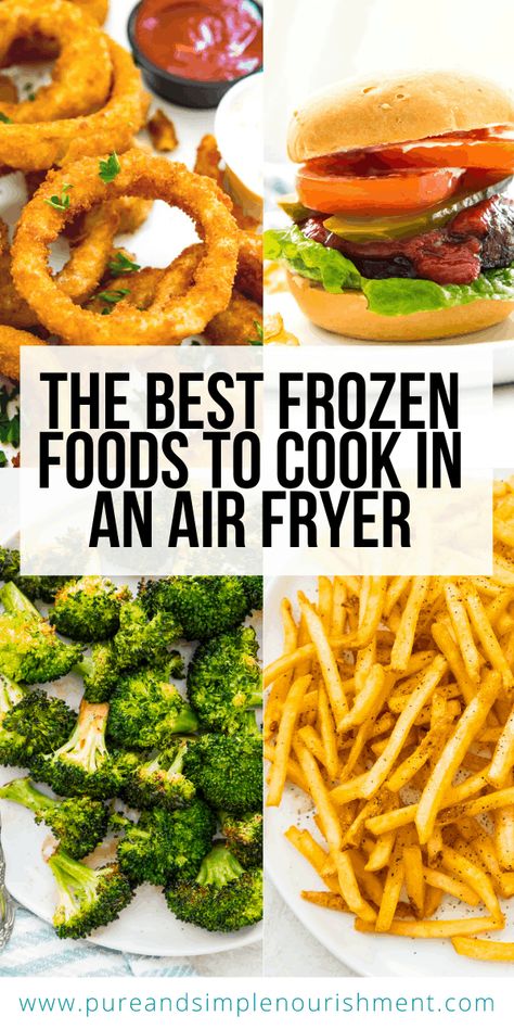 Here are the best frozen foods to cook in an air fryer. You can cook everything from frozen French fries to frozen hamburgers to frozen broccoli in your air fryer so easily and quickly. Things To Cook In Air Fryer, Foods For Air Fryer, Frozen Fries In Air Fryer, Air Fryer Frozen Food, Foods To Cook, Best Frozen Meals, Air Fryer Recipes Dessert, New Air Fryer Recipes, Air Fryer Recipes Snacks