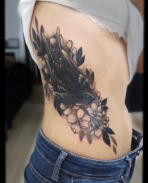 Cover up tattoo with Swallow, Flowers and Leaves Ribs Cover Up Tattoo, Girl Rib Tattoos, Rib Tattoos For Women, Shop Tattoo, Up Tattoo, Sides For Ribs, Side Tattoos, Tattoo Cover-up, Cover Up Tattoo