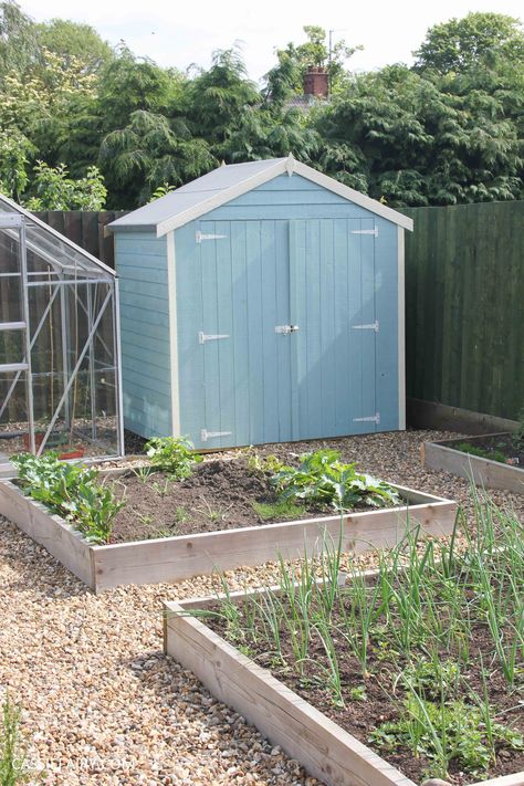 diy painting and installing small shed – duck egg blue beach hut in garden-19 Beach Hut Shed, Shed Exterior Ideas, Seaside Gardens, Blue Shed, Small Shed, Outdoor Playhouse, Pool Shed, Seaside Garden, Shed Building Plans