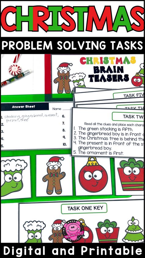 Make math exciting this December with these Christmas-themed brain teasers and critical thinking puzzles! Perfect for 2nd and 3rd graders, these DIGITAL and PRINTABLE math puzzles, task cards, and logic games are great for holiday-themed math centers and early finishers. Students will love solving word problems and using hands-on manipulatives while building problem-solving skills. Christmas Logic Puzzles Free, Christmas Brain Teasers, Christmas Math Games, December Math, Thinking Games, Brain Teasers For Kids, Math Classroom Decorations, Math Fact Fluency, Math Puzzles