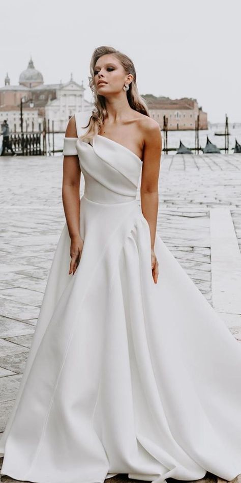 24 Modern Wedding Dresses From Top USA Designers ❤ modern wedding dresses simple a line one shoulder georgiayoungcouture ❤ #weddingdresses One Shoulder Satin Wedding Dress, Minimalist Modern Wedding Dress, Minimalist A Line Wedding Dress, One Shoulder Wedding Dress Simple, One Shoulder Wedding Dresses, Simple Modern Wedding Dress, Wedding Dress One Shoulder, Dresses For Big Bust, Simple Modern Wedding