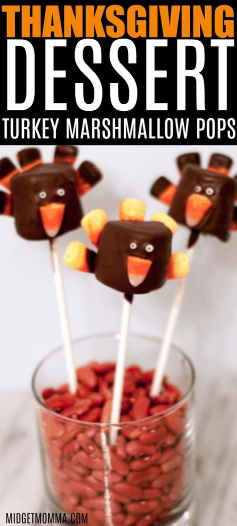 These Thanksgiving Marshmallow Pops are the perfect Thanksgiving Turkey Dessert that also are the perfect Chocolate Turkey Centerpiece! #ThanksgivingDessert #ThanksgivingTurkeyDessert #ThanksgivingRecipe #ThanksgivingDessertRecipe #MidgetMomma #TurkeyTreat #ChocolateTurkey #ThanksgivingCenterpiece #EasyThanksgivingDessert Thanksgiving Marshmallow, Turkey Desserts, Chocolate Turkey, Turkey Treats, Thanksgiving Desserts Easy, Chocolate Covered Marshmallows, Thanksgiving Food Desserts, Thanksgiving Treats, Marshmallow Pops