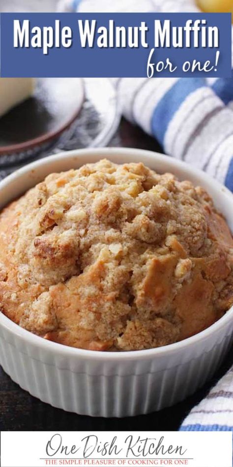 This big, bakery style Maple Walnut Muffin is the perfect size for one person. Baked in a ramekin and topped with a buttery, crumbly cinnamon streusel topping, this tender muffin is perfect for breakfast or dessert. Ready in minutes! | One Dish Kitchen Muffin For One, Maple Muffins, Ramekin Recipe, Cinnamon Streusel Topping, One Dish Kitchen, Recipe For 1, Small Batch Baking, Cinnamon Streusel, Single Serve Desserts