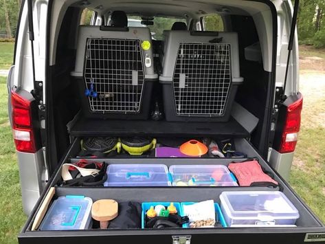 Dog Car Organization, Dog Kennel Car Set Up, Dog Collar Storage, Dog Supply Storage Ideas, Ruffland Kennel Setup, Dog Car Setup, Dog Gear Organization, Dog Stuff Organization, Dog Breeders Kennels