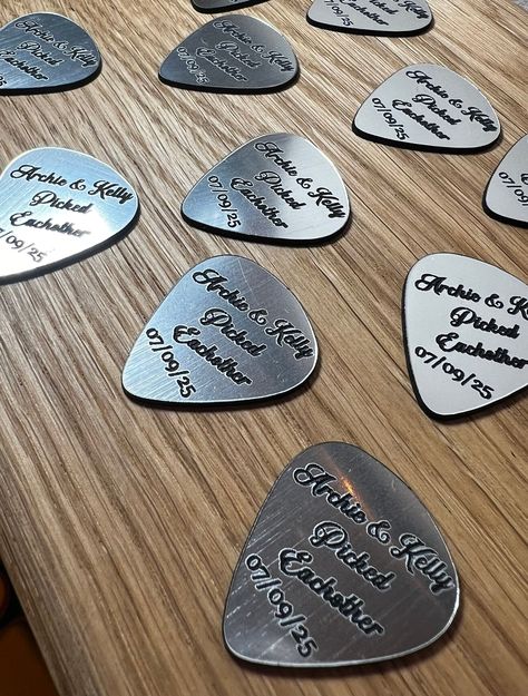 Personalised 32mm by 28mm silver  Acoustic Guitars, Table Confetti, Table Decorations plectrums Here we have personalised Guitars plectrums that are laser cut from 1.6mm Laser plywood. they are a must for any music enthusiasts or musicians as they make a perfect keepsake for your guests and are fully functioning. Perfect for your music/rock themed celebrations or a keepsake for a love one.  Your guests will want to keep them as a decoration or to use, or just as a keepsake form your special day. Musician Theme Party, Concert Themed Birthday Party, Guitar Party, Rockstar Party, 40th Birthday Men, Guitar Plectrum, Music Theme Birthday, Wedding Table Themes, 20 Birthday