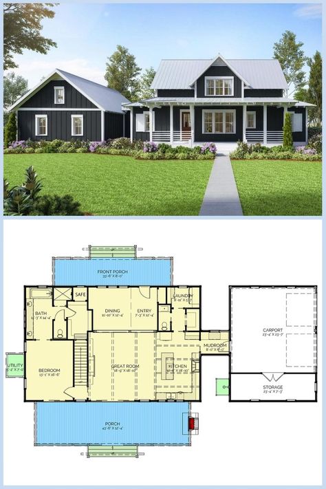 Discover the charm of this 2-story 4-bedroom farmhouse with rustic wood beams! Explore the floor plan and get inspired for your dream home. Concept Farmhouse, Rustic Wood Beams, 2 Story Farmhouse, 2000 Sq Ft House, House Plans 2 Story, Dream Farmhouse, Farmhouse Floor Plans, Floor Plans 2 Story, 4 Bedroom House Plans