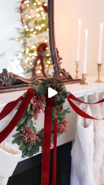 Kristen Whitby on Instagram: "Red velvet ribbon and fresh green wreaths feel so classically Christmas to me but  I don’t think I’ve ever seen anyone do a mantel like this before… but it feels classic to me too. Maybe because of the colors?  Can’t put my finger on it, but it’s a fun change this year.   What are you looking forward to most this week? Seeing family? Turkey? Mashed potatoes? Twinkle lights? I’m here for all of it! ✨  All of the mantel details are on my blog ✨" Christmas Tree Red Velvet Ribbon, Ribbon On Mantle, Red Christmas Mantle, Red Velvet Ribbon, Ribbon Decorations, Green Wreath, Christmas Mantels, Velvet Bow, Fresh Green