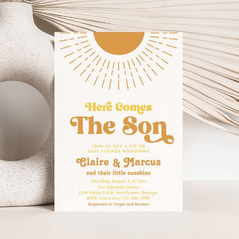 Here Comes The Son Co Ed Baby Shower Invitations #zazzle #weddinginvitations #birthdayinvitations #babyshowerinvitations #zazzleinvitations #monogram #businesscards #graduation #homedecor Sun Invitations, Sunshine Baby Shower Invitations, Here Comes The Son, Sunshine Baby Showers, Boho Baby Shower Invitations, Coed Baby Shower, Boho Sun, Here Comes The Sun, Boy Baby Shower