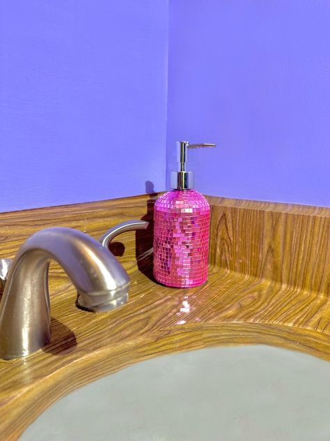 Disco Aesthetic, Vans Girl, Eclectic Aesthetic, Retro Bathrooms, Faceted Design, Soap Dispensers, Disco Balls, Bathroom Collections, Salon Decor