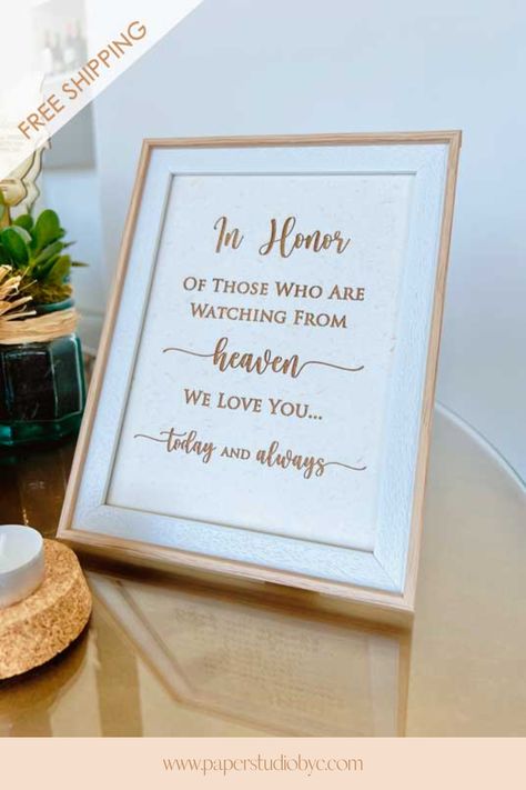 Looking for wedding ideas for lost loved ones? A thoughtful wedding memorial display is a special way to honor the deceased at your wedding. This custom sign can be personalized with a message of love and remembrance to say "wish you were here" to a mom, father, grandparent, family member, or friend. Use it at a memorial table or memorial seat at your wedding or other special event. Visit our website and schedule a free discovery call to discuss your own custom wedding memory sign. How To Honor Loved Ones At Wedding, Wedding Honoring Deceased, Wedding Memorial Display, Cream Wedding Invitations, Rustic Wedding Stationery, Portrait Wedding Invitations, Memorial Table, Wedding Remembrance, Wedding Memorial Sign