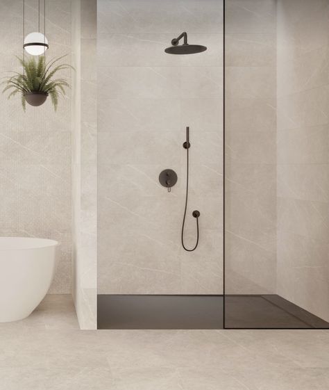 Bathroom Tiles Stone Effect, Bauwerk Bathroom, Large Stone Bathroom Tiles, Stone Tile Shower Wall, Cream Stone Bathroom, Stone Colour Bathroom, Sandy Tiles Bathroom, Stone Coloured Bathroom, Bathroom Matte Tiles