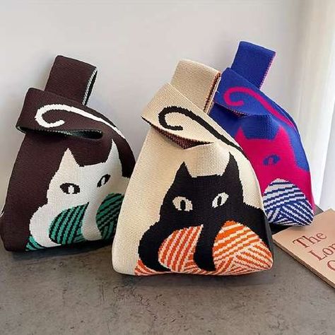 Cartoon Pattern Knitted Cute Handbag, Large Capacity Portable Versatile Tote Bag, Lightweight Simple Design Wrist Bag - Bags & Luggage - Temu United Kingdom Multi Colored Bag, Gatto Carino, Plaid Tote Bag, Plaid Tote, Knitting Tote Bag, Knitting Tote, Beg Tangan, Woven Handbags, Bleu Violet