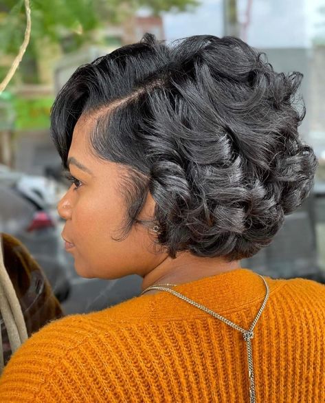 Medium Length Haircut Silk Press, Curly Short Bob Hairstyles Black Women, Bob With Curls Black Women, Silk Press Natural Hair Curls, Relaxed Short Hairstyles For Black Women, Curled Bob Black Women, Bobs On Black Women Real Hair, Classic Short Hair, Blowout Hair Natural