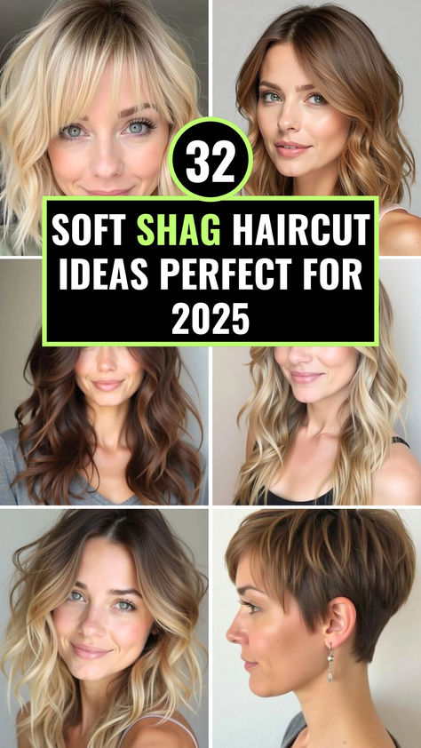 A collage of 32 trendy soft shag haircut ideas for 2025, featuring a mix of short, medium, and long hairstyles with layered textures and face-framing cuts, perfect for adding volume and style. Medium Short Textured Haircuts, Medium Length Shaggy Haircuts For Women, Shaggy Medium Length Haircut, Medium Length Haircut Shaggy, Shag Haircuts For Medium Hair, Square Face Shag Haircut, Different Types Of Haircuts For Women, Shaggy Cut Medium, Shag Hairstyles Medium Straight Hair