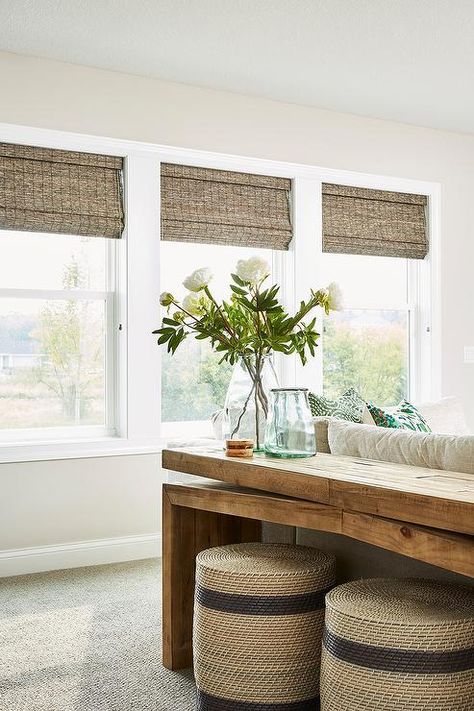 Roman Shades Living Room, Bamboo Roman Shades, Wood Sofa Table, Best Leather Sofa, Woven Wood Shades, Transitional Living Rooms, Wood Sofa, Roman Shades, Sofa Table