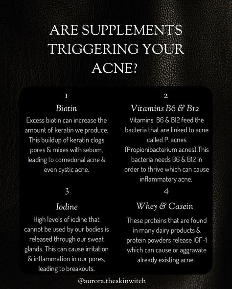 𝐔𝐧𝐝𝐞𝐫𝐬𝐭𝐚𝐧𝐝𝐢𝐧𝐠 𝐀𝐜𝐧𝐞 𝐓𝐫𝐢𝐠𝐠𝐞𝐫𝐬 💊𝑺𝒖𝒑𝒑𝒍𝒆𝒎𝒆𝒏𝒕𝒔 𝑬𝒅𝒊𝒕𝒊𝒐𝒏💊 Did you know some supplements might be contributing to your breakouts? Here’s a quick rundown: 1. 𝑩𝒊𝒐𝒕𝒊𝒏: Often used for hair and nail health, but it can disrupt skin balance. 2. 𝑽𝒊𝒕𝒂𝒎𝒊𝒏 𝑩12: Essential for energy, yet high doses might trigger acne in some. 3. 𝑰𝒐𝒅𝒊𝒏𝒆: Found in many multivitamins, excess can irritate the skin. 4. 𝑾𝒉𝒆𝒚 𝑷𝒓𝒐𝒕𝒆𝒊𝒏: Popular in fitness circles, but it can spike insulin levels and lead to acne. 𝑹𝒆𝒎𝒊𝒏𝒅𝒆𝒓: This is not... Acne Triggers, Comedonal Acne, Supplement Routine, Clear Healthy Skin, Making Changes, Cystic Acne, Sensitive Skin Care, Prevent Acne, Nail Health