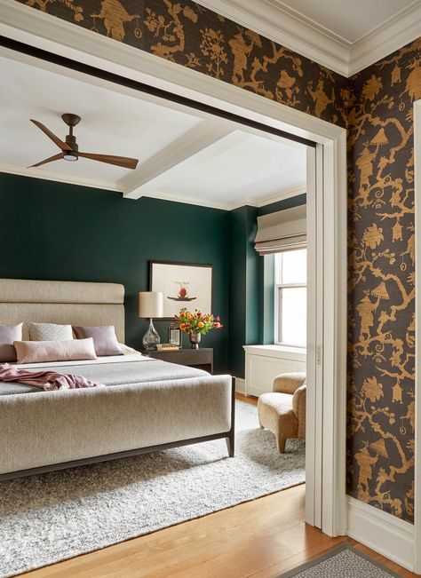 Bm Salamander, Benjamin Moore Salamander, Benjamin Moore Bedroom, Green Wall Color, Dark Paint Colors, Trending Paint Colors, White Headboard, Green Paint Colors, Benjamin Moore Colors