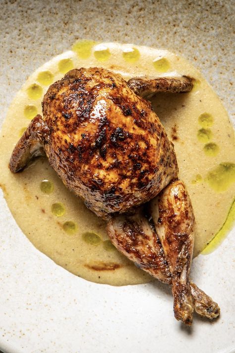 This beautiful quail dish from Joké Bakare is served with a creamy nsala sauce and fresh uziza herb oil. The recipe uses many of the traditional seasonings of ofe nsala (nsala soup, or white soup) - uziza leaves, prekese and aidan fruit - and each one is celebrated in Joké's own distinctive style. The quail requires deboning and brining overnight, so be sure to start the night before you want to eat. Cornish Hen Plating, Fine Dining Southern Food, Herb Oil Recipe, Ancho Chili Sauce, Gordon Ramsay Dishes, Dnd Food, Quail Recipes, Herb Oil, British Recipes