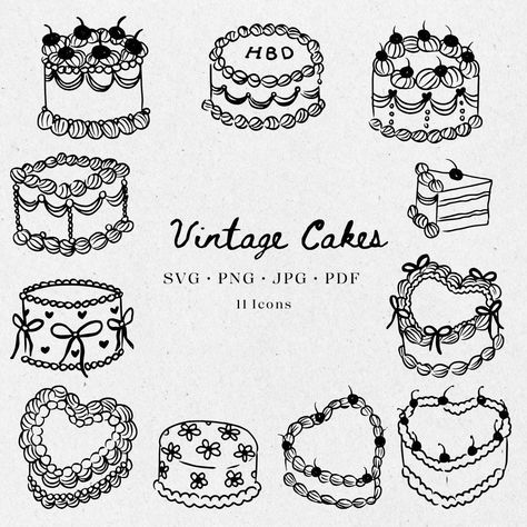 Heart Cake Illustration, Vintage Cake Drawing, Vintage Cake Illustration, Cake Illustration Design, Cakes Illustration, Cake Drawings, Wedding Cake Illustrations, Coquette Drawing, Scribble Drawings