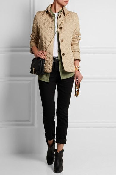 60 Fall Outfit Ideas to Steal From Net-a-Porter – Closetful of Clothes Burberry Quilted Jacket Outfit, Burberry Jacket Outfit, Quilted Jacket Outfit, Long Black Vest, Burberry Quilted Jacket, Rolled Jeans, Boho Print Dress, Black Poncho, Black Moto Jacket