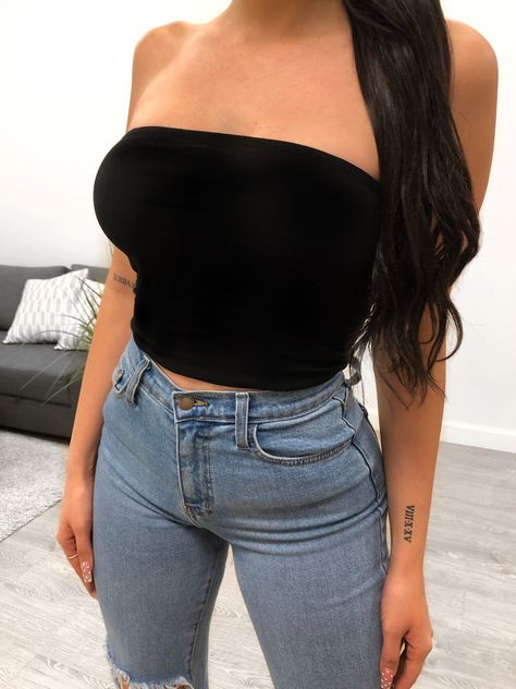 Ciela Tube Top (black) Black Tube Top, Turtle Neck Top, Denim Coat, White Sweaters, Fashion Story, Tube Top, Black Tank Tops, Cute Fits, Grey Sweater