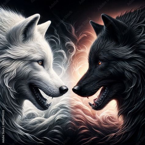 Download white versus black wolves - duel of good and evil concept art - a white wolf versus a black wolf - fantasy illustration - both wolves looking at each other in a face-off duel created with generative a Stock Photo and explore similar images at Adobe Stock. Evil Concept Art, Black Wolves, Looking At Each Other, White Wolf, Black Wolf, Good And Evil, Fantasy Illustration, Face Off, Wolves