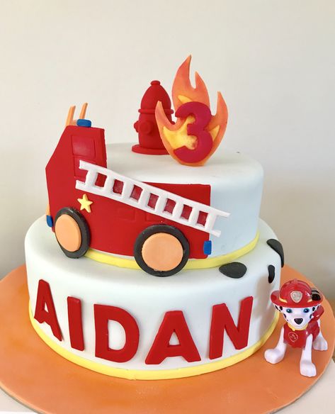 Paw patrol Marshal inspired fire engine truck fondant cake Paw Patrol Fire Truck Cake, Marshall Fire Truck Cake, Truck Cake Birthday, Birthday Ideas 17, Cake Firefighter, Fire Engine Cake, Dump Truck Cakes, Fire Truck Cake, Food Truck Party