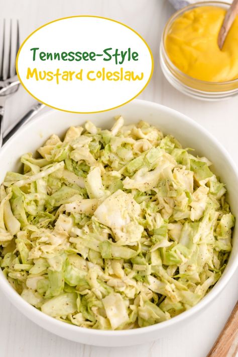 This Tennessee-Style Mustard Coleslaw is a classic mayonnaise-based coleslaw bolstered with the addition of yellow mustard. This traditionally, southern version of coleslaw is a versatile side dish that can do double duty as a burger or hot dog topper, too. via @cmpollak1 Mustard Slaw Recipe, Mustard Coleslaw Recipe, Hot Slaw Recipe, Mustard Coleslaw, Pig Recipes, Tennessee Style, Mustard Cabbage, Vinegar Coleslaw, Slaw Dressing